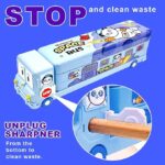 Illustration of a bus-shaped pencil sharpener labeled 'Space Bus' with cartoon characters. The image includes instructions saying 'STOP and clean waste' and 'UNPLUG SHARPNER From the bottom to clean waste,' with a close-up showing how to remove pencil shavings from the bottom compartment.