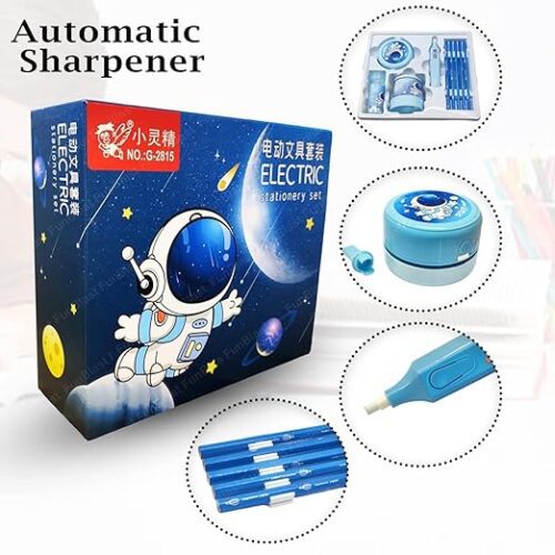 Box of an automatic sharpener with illustrations of the product and accessories on a white background.