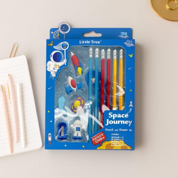 Packaged pencil and eraser set with space-themed design on a light background