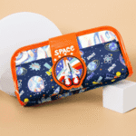 Space-themed pencil pouch for kids with galaxy print design