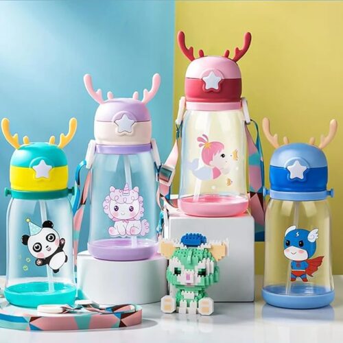 Colorful starry kids water bottles with antler-shaped lids and cartoon character designs including panda, unicorn, mermaid, and superhero, displayed against a pastel background