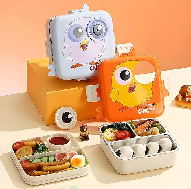 Image of chicken themed lunch box with open containers and filled with different dishes.
