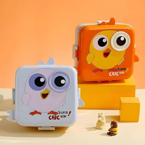 Set of Super Chicken bento lunch boxes in orange and white, featuring cute chicken face designs, 3 leakproof compartments, and perfect for kids' school meals.