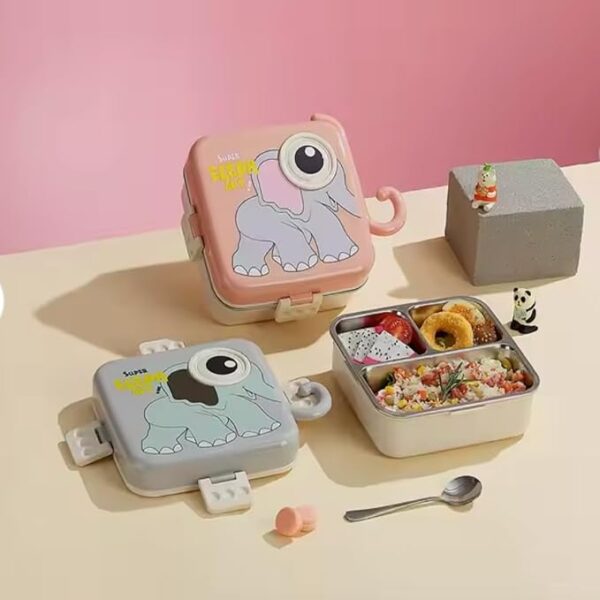 Adorable elephant-themed bento lunch boxes with compartments, perfect for kids and adults. Available in pastel pink and gray, featuring a playful 'Super Elephant' design. Ideal for meal prep, food storage, and school lunches. Comes with a spoon and cute accessories, displayed on a stylish pink backdrop. Great addition to eco-friendly, reusable kitchenware collections.