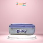 A pencil pouch of violet and white color with sweet named on it.