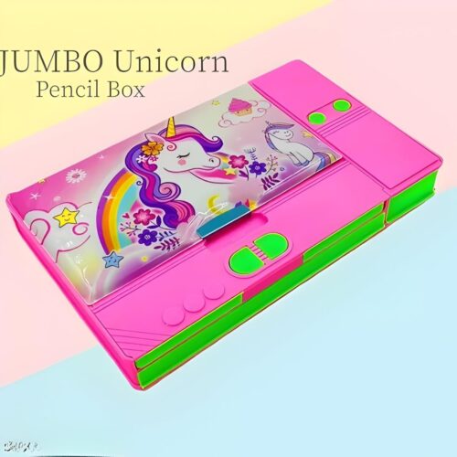 Unicorn jumbo pencil box with colorful design and multiple compartments.