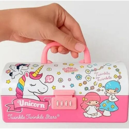Unicorn Passcode Pencil BoxUnicorn Pink Pencil BoxCRAFTY CUDDLEPink and white case with unicorn design held by a hand on a light gray backgroundkidsessentialspencilboxforkids