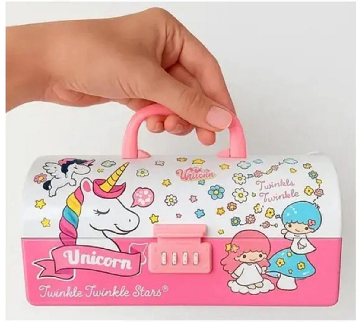 unicorn-passcode-pencil-boxunicorn-pink-pencil-boxcrafty-cuddle-6822372 Unicorn Passcode Pencil BoxUnicorn Pink Pencil BoxCRAFTY CUDDLEPink and white case with unicorn design held by a hand on a light gray backgroundkidsessentialspencilboxforkids