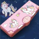 Unicorn pink pencil box for girls with cute design and multiple compartments .