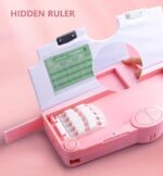 Multifunctional unicorn pink pencil box for girls – 245x100x35mm with hidden ruler and one-click buttons for sharpener, scissors, tape, and rubber box