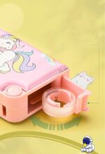 Unicorn pink pencil box with hidden ruler – multi-functional stationery organizer for girls with one-click buttons for sharpener, scissors, tape, and eraser