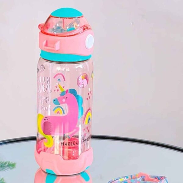 Kids Unicorn Water Bottle with Strap – Leak-Proof Sipper with Cute Cartoon Print, Detachable Lid and Shoulder Strap – BPA-Free Plastic, Pink Design