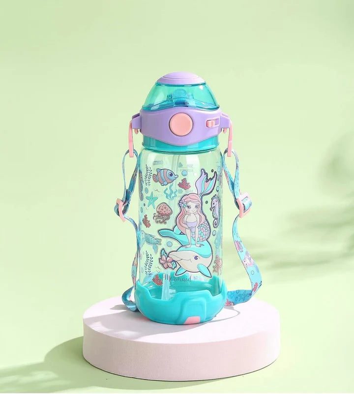 Image of mermaid themed blue color water bottle placed on the platform.