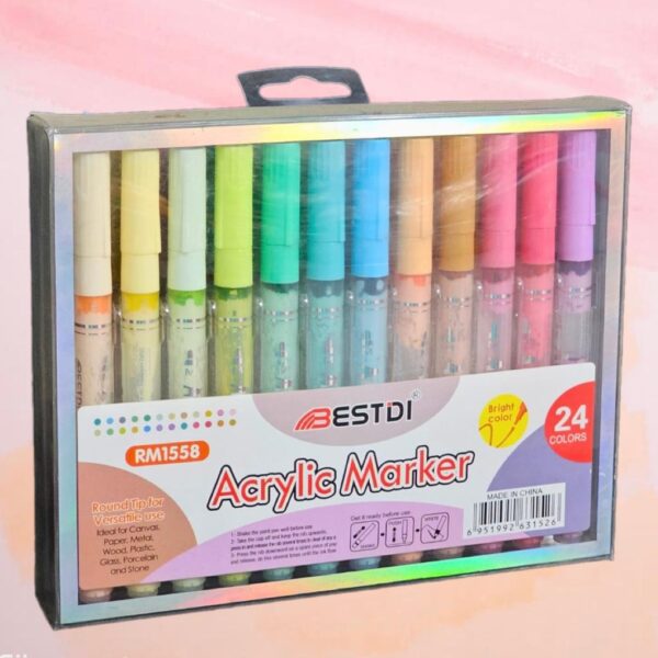 Set of vibrant acrylic paint markers with fine tips arranged in a row