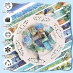 Decorative paper tape with Van Gogh painting design on a white lace doily, surrounded by product features.