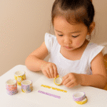 Child playing with colorful tape rolls on a table