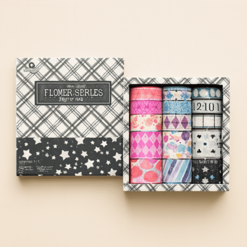 Set of washi tapes in a decorative box with plaid and star patterns.
