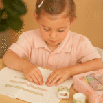 Washi Tape Set – 20 Pcs Floral WatercolorCRAFTY CUDDLEYoung girl in a pink shirt pasting tapes on a book at a table with a box of washi tapes.