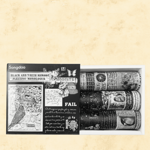 Set of black and white themed washi tapes in a box with 'Songdaoo' branding.