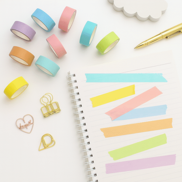 Colorful washi tape rolls, a notebook with striped stickers, and decorative items on a white background.