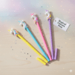 Four colorful unicorn pens with a 'Magical Unicorn Pens' label on a light background.