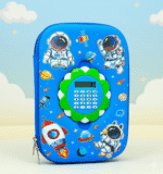 Blue pencil case with space-themed design featuring astronauts and rockets on a light blue background.