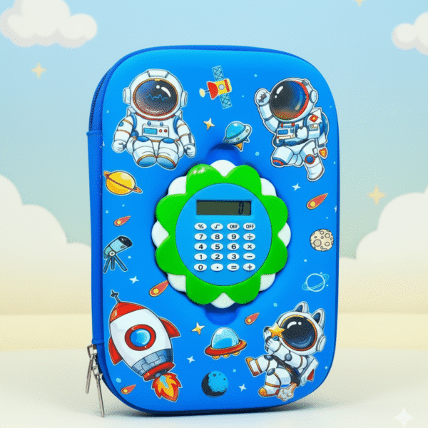 Blue pencil case with space-themed design featuring astronauts and rockets on a light blue background.