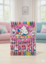 Pack of Hello Kitty crayons on a blurred indoor background