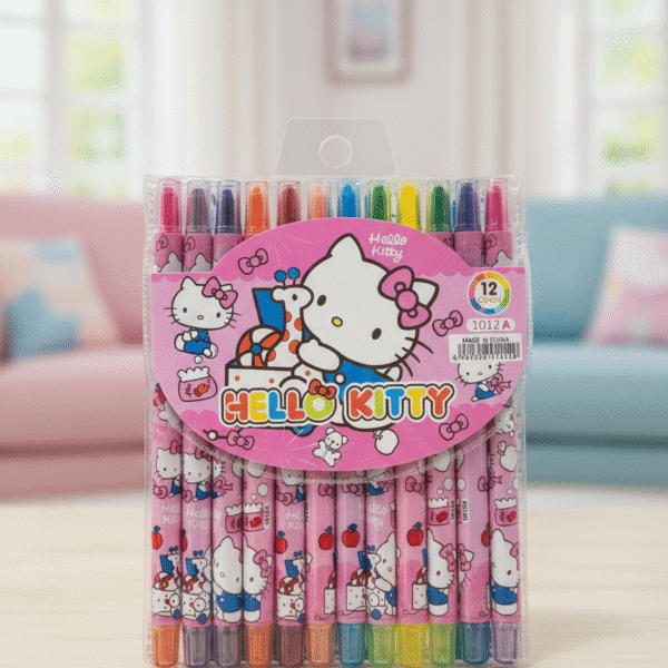 Pack of Hello Kitty crayons on a blurred indoor background