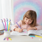 Unicorn Infinity PencilPencilCRAFTY CUDDLEChild coloring in a book with unicorn - themed pens and markers on a desk.1