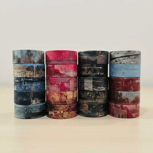 Rolls of decorative tape with scenic designs on a white surface.