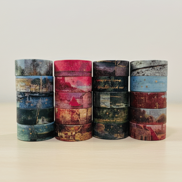 Rolls of decorative tape with scenic designs on a white surface.