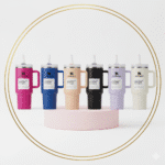 Set of colorful Stanley mugs on a white background