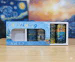 Box of oil painting washi tape with a blurred artwork in the background
