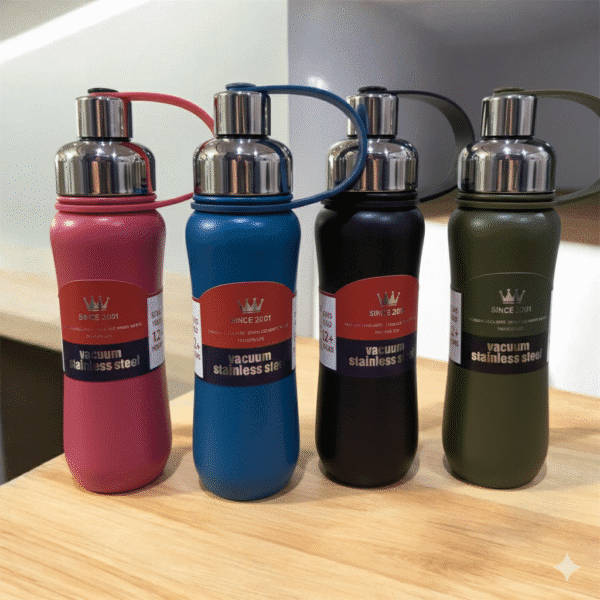 Sport Vacuums Water BottleVacuum Insulated Water BottleCRAFTY CUDDLEFour vacuum stainless steel bottles in pink, blue, black, and green on a wooden surface.pinkColdForHoursEcoFriendly