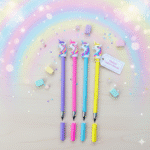 Unicorn Infinity PencilPencilCRAFTY CUDDLEFour colorful pens with unicorn designs on a pastel rainbow background.1