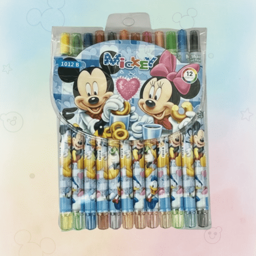 Pack of Disney Mickey and Minnie Mouse crayons with colorful packaging.