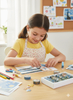 Washi Tape 20 Rolls – Oil Painting BlueCRAFTY CUDDLEYoung girl in a yellow shirt and floral apron engaging in a craft activity at a table.