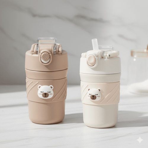 Cute Bear Vacuum CupBear Tumbler with StrawCRAFTY CUDDLETwo bear - themed water bottles on a light surface with a neutral backgroundBear Tumbler - 1Mocha🤎450ml water bottleanti spill bottle
