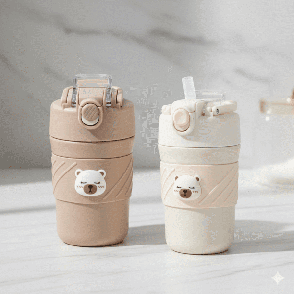 Cute Bear Vacuum CupBear Tumbler with StrawCRAFTY CUDDLETwo bear - themed water bottles on a light surface with a neutral backgroundBear Tumbler - 1Mocha🤎450ml water bottleanti spill bottle