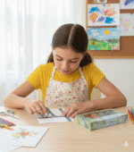 Washi Tape 20 Rolls – Oil Painting GreenCRAFTY CUDDLEYoung girl in a yellow shirt and floral apron using washi tapes at a table with art supplies.