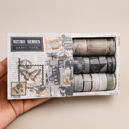 Box of Retro Series washi tape with decorative designs on a beige background