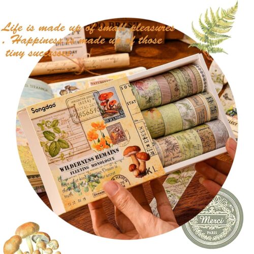Set of washi tape rolls with decorative packaging held by a hand, surrounded by nature-themed elements.