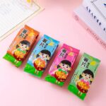 Four colorful packages with cartoon character on a pink background