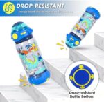 Children's water bottle with dinosaur design and drop-resistant feature on a white background