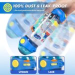 Water bottle with a push-button lid, labeled as dust and leak-proof, on a light blue background.