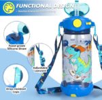 Children's water bottle with dinosaur design, features highlighted on a blue background