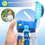 Blue children's water bottle with straw and cartoon design, held by a hand against a light blue background.