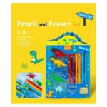 Dinosaur-themed pencil and eraser set packaging on a yellow background