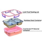 Pink bento lunch box with leak-proof sealing lid, inner stainless steel container, and food-grade PP material – safe and durable for kids and adults